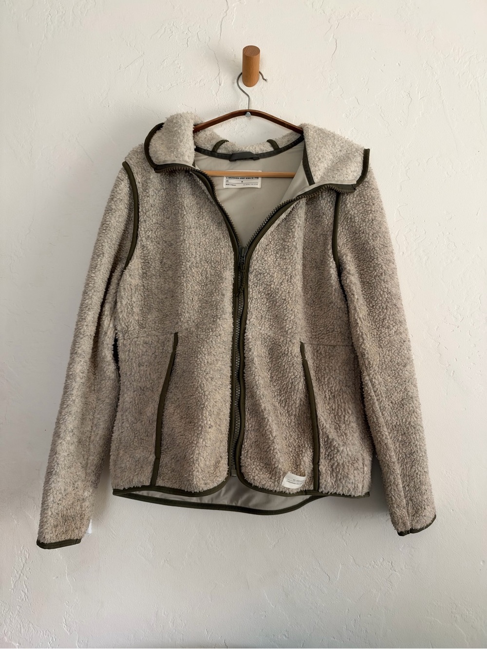 REI Aurem Sherpa Zip Jacket in Light Taupe with Sage trim